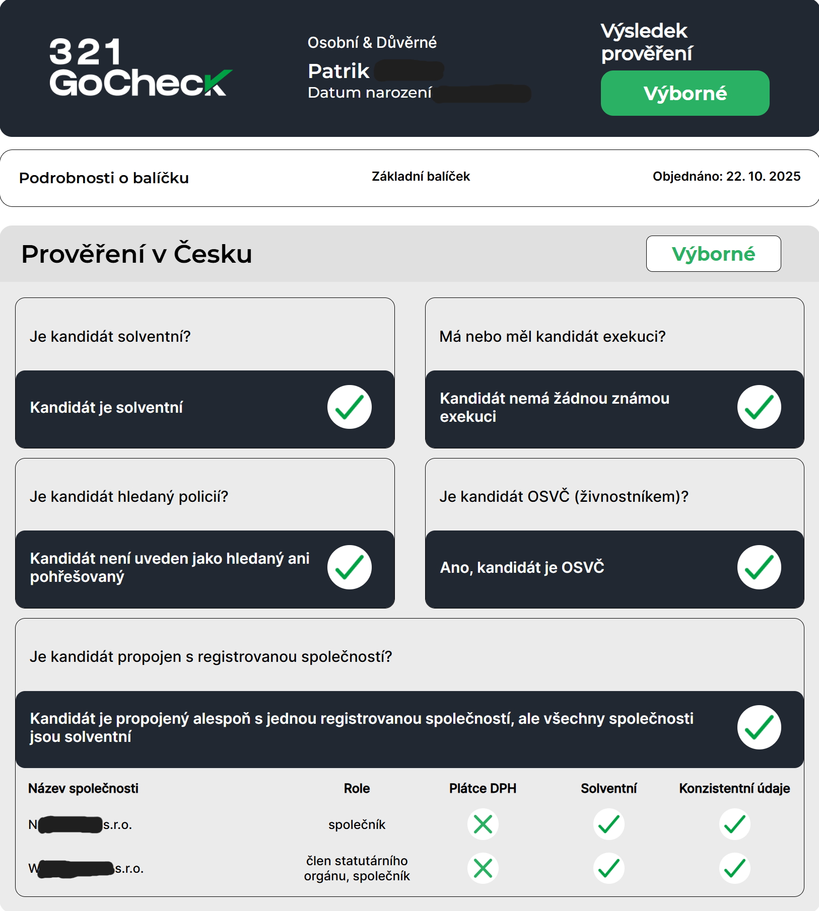 Ukázka reportu prověření kandidáta